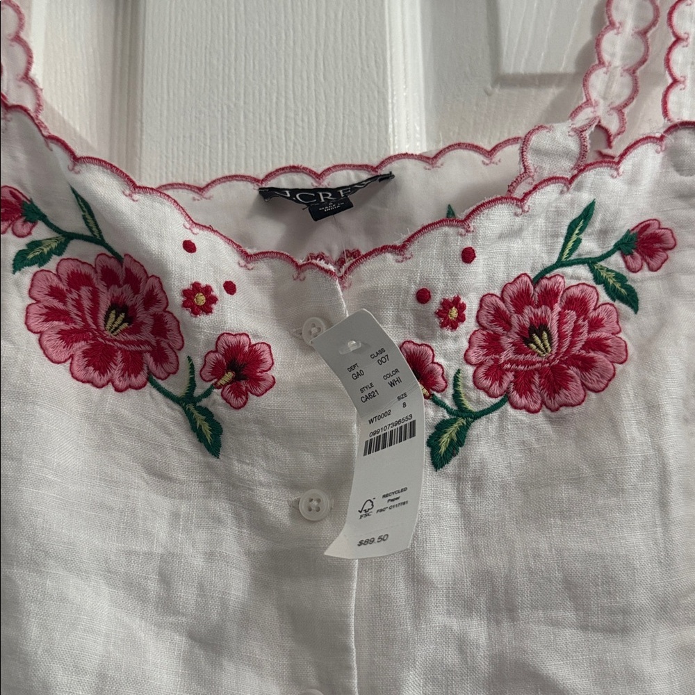 NWT J. Crew White Tank Top with Pink Floral Embroidery size 8 - Picture 3 of 12